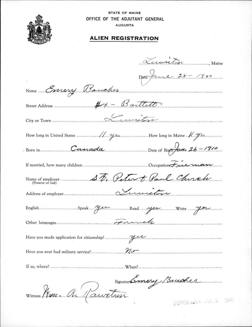 Miniature of Alien Registration- Boucher, Emery (Lewiston, Androscoggin County)