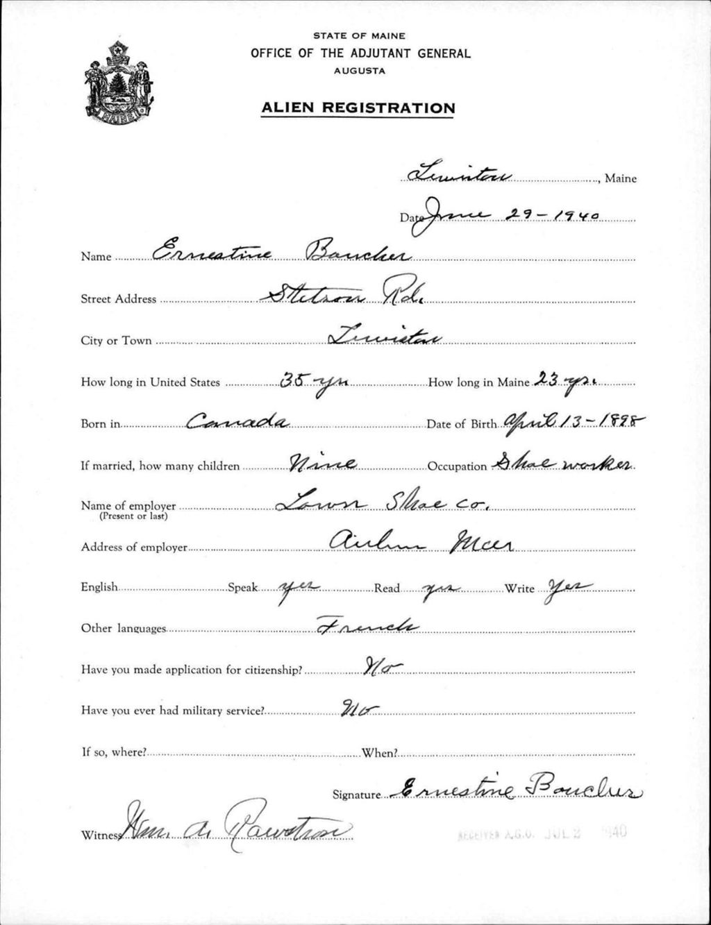 Miniature of Alien Registration- Boucher, Ernestine (Lewiston, Androscoggin County)