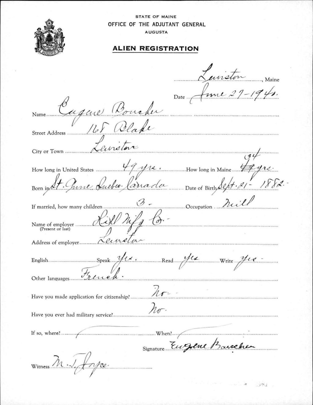 Miniature of Alien Registration- Boucher, Eugenie (Lewiston, Androscoggin County)