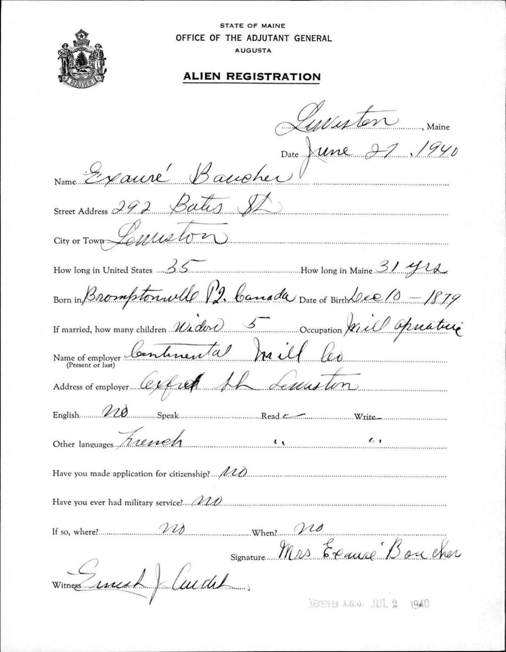 Miniature of Alien Registration- Boucher, Exaire (Lewiston, Androscoggin County)