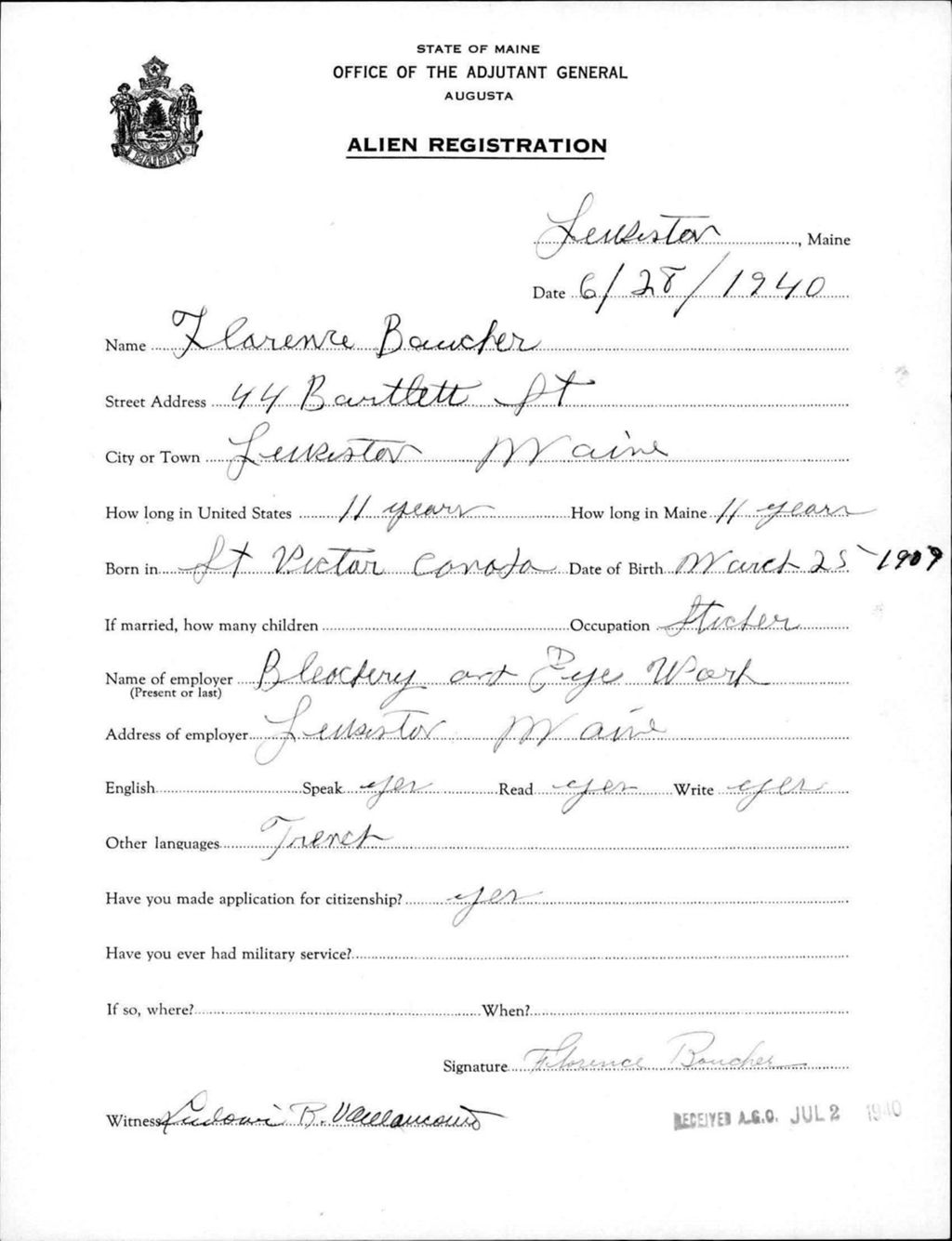 Miniature of Alien Registration- Boucher, Florence (Lewiston, Androscoggin County)