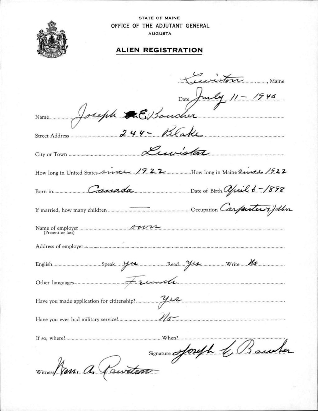 Miniature of Alien Registration- Boucher, Joseph E. (Lewiston, Androscoggin County)