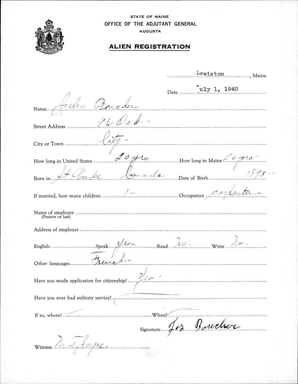 Miniature of Alien Registration- Boucher, Jules (Lewiston, Androscoggin County)