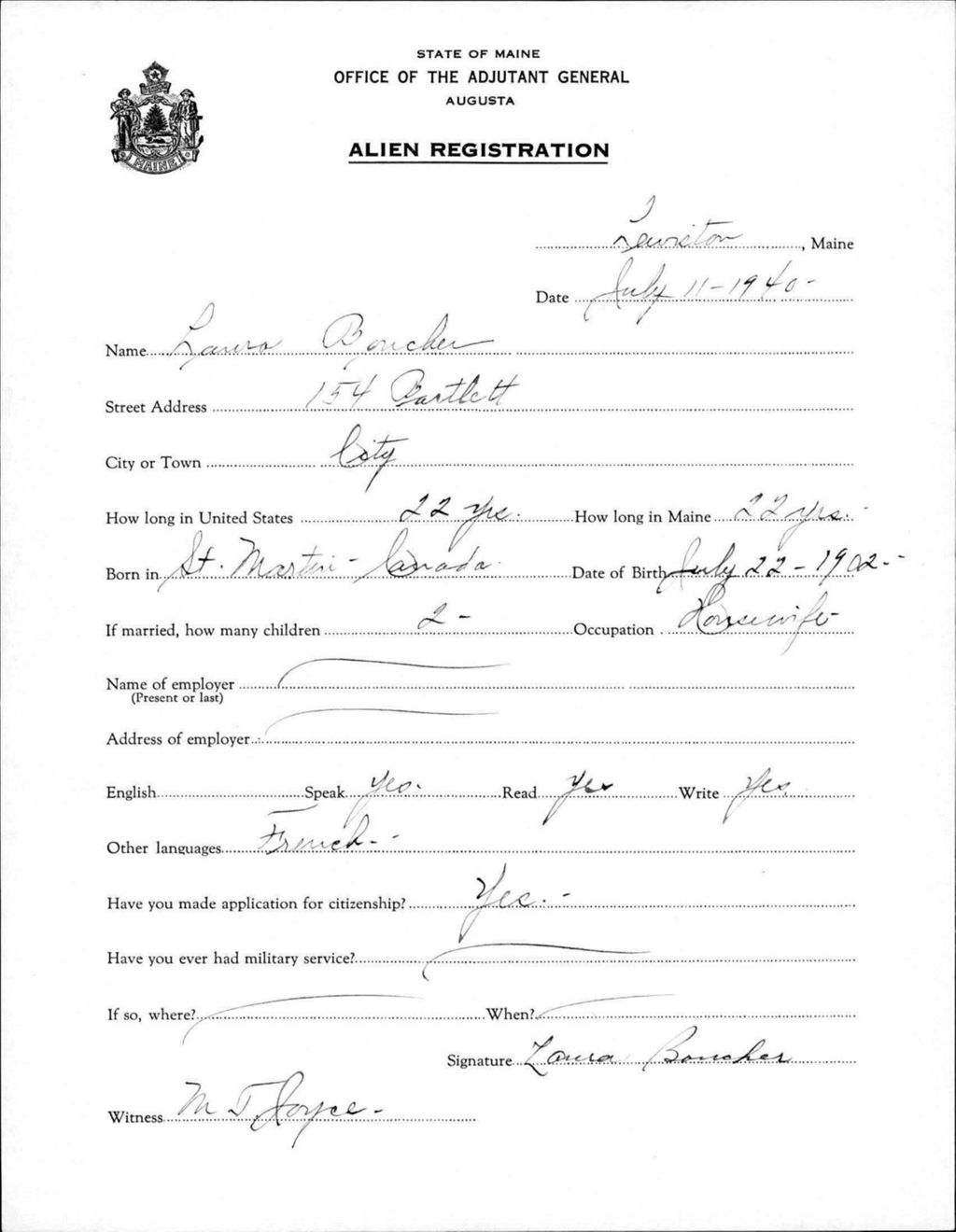 Miniature of Alien Registration- Boucher, Laura (Lewiston, Androscoggin County)