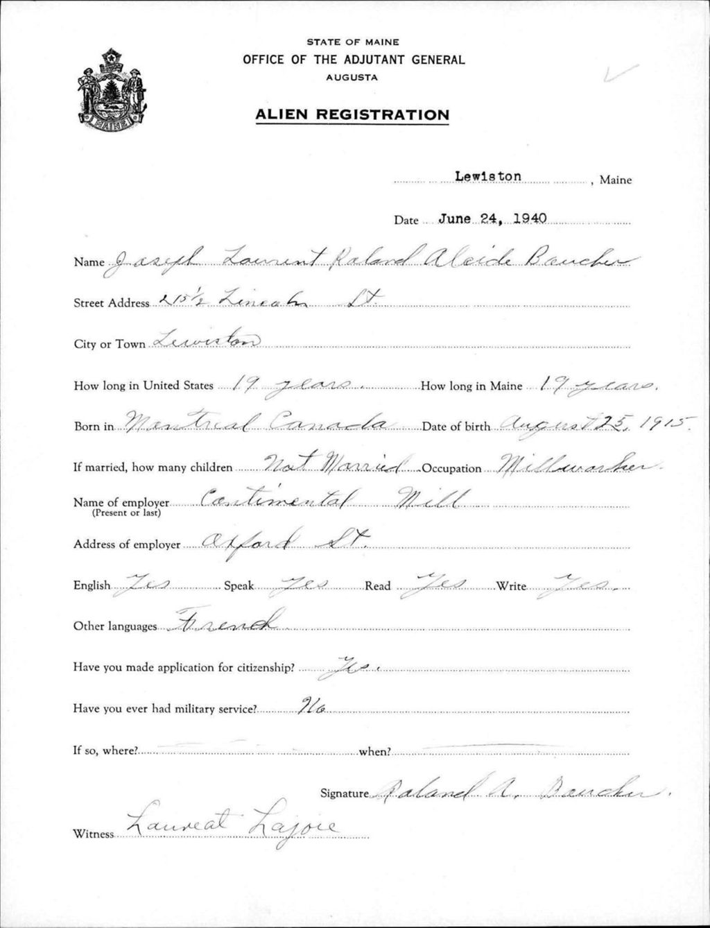 Miniature of Alien Registration- Boucher, Joseph Laurent Roland A. (Lewiston, Androscoggin County)