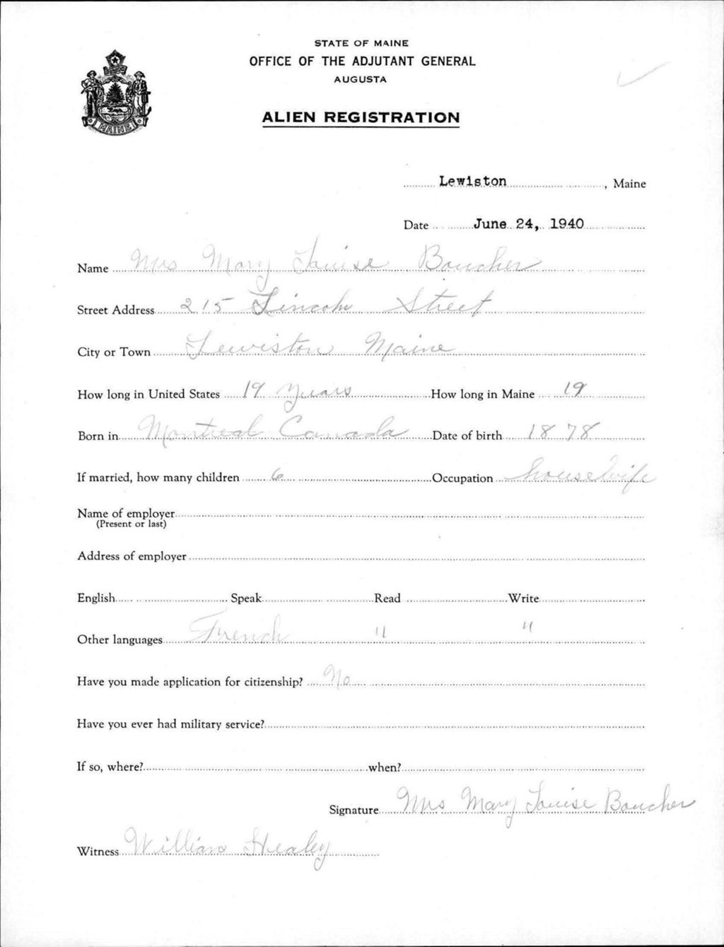 Miniature of Alien Registration- Boucher, Mary L. (Lewiston, Androscoggin County)