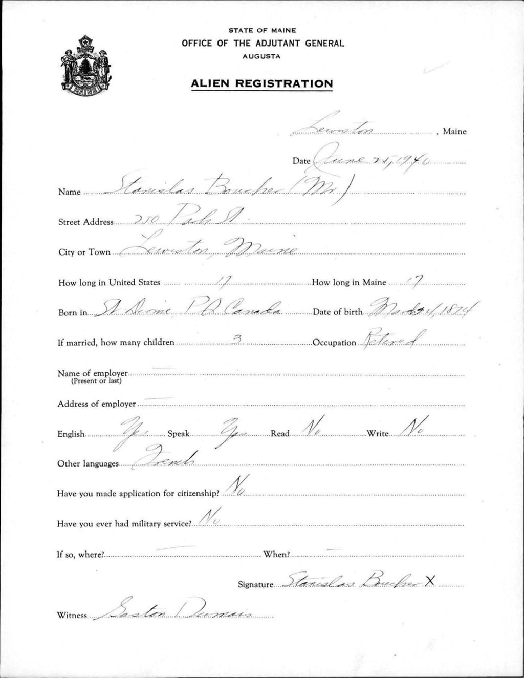 Miniature of Alien Registration- Boucher, Stanislas (Lewiston, Androscoggin County)