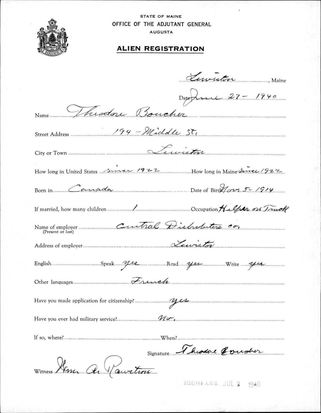 Miniature of Alien Registration- Boucher, Theodore (Lewiston, Androscoggin County)