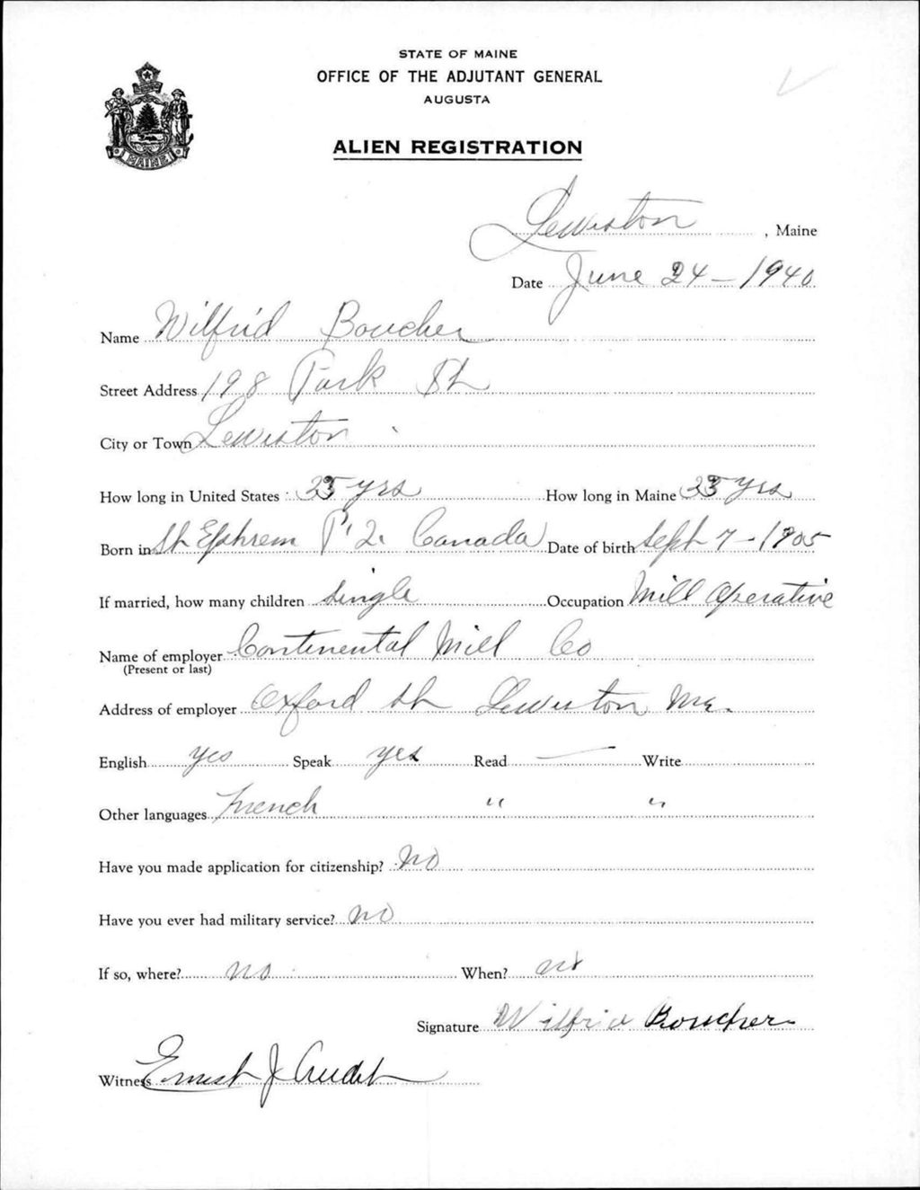 Miniature of Alien Registration- Boucher, Wilfrid (Lewiston, Androscoggin County)