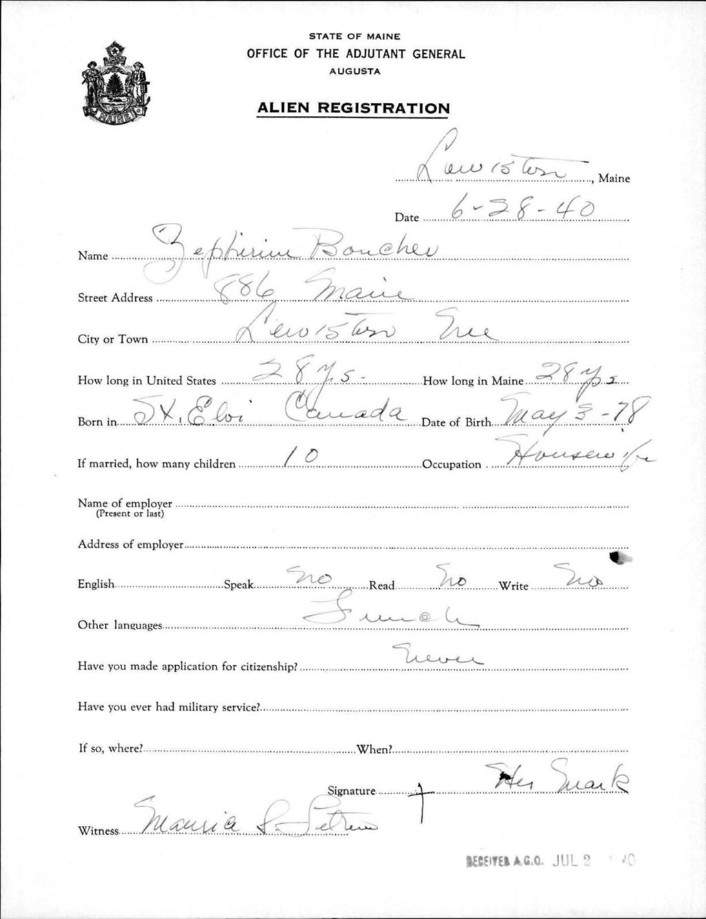 Miniature of Alien Registration- Bouchu, Zepherine (Lewiston, Androscoggin County)