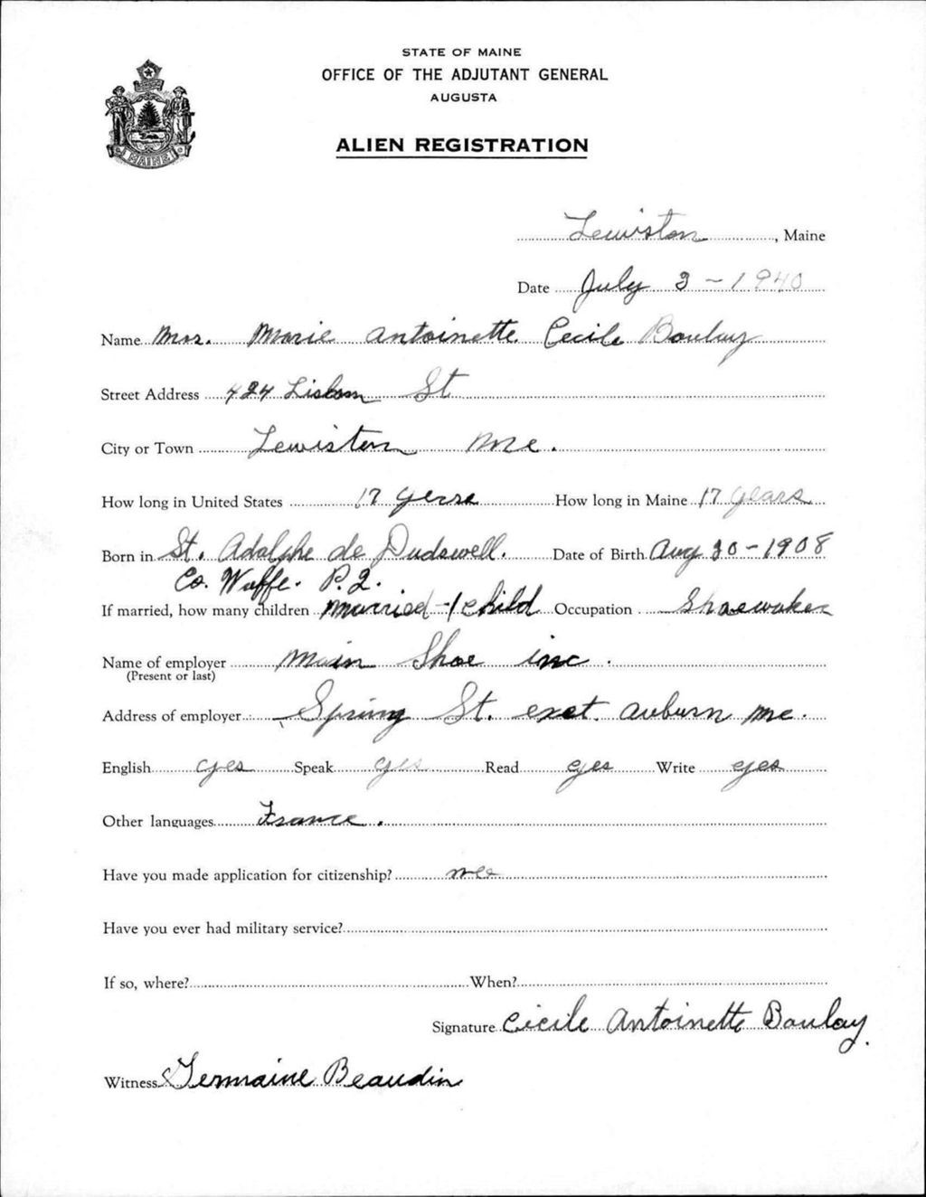 Miniature of Alien Registration- Boulay, Marie Antoinette C. (Lewiston, Androscoggin County)
