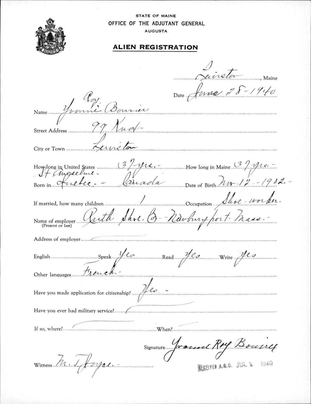 Miniature of Alien Registration- Roy, Yvonne (Lewiston, Androscoggin County)