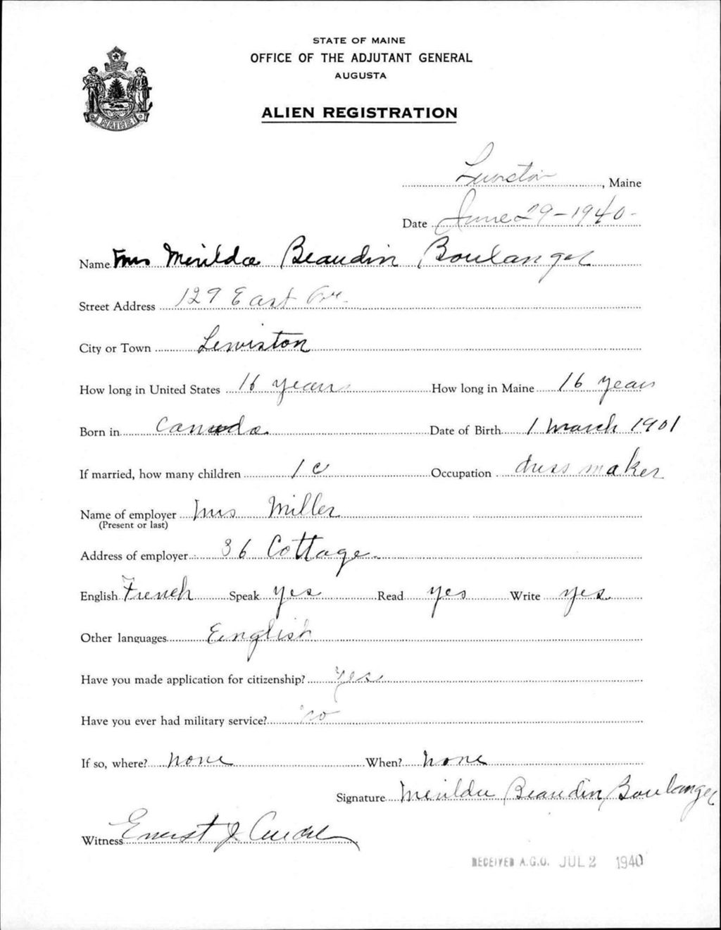 Miniature of Alien Registration- Beaudin, Merilda (Lewiston, Androscoggin County)