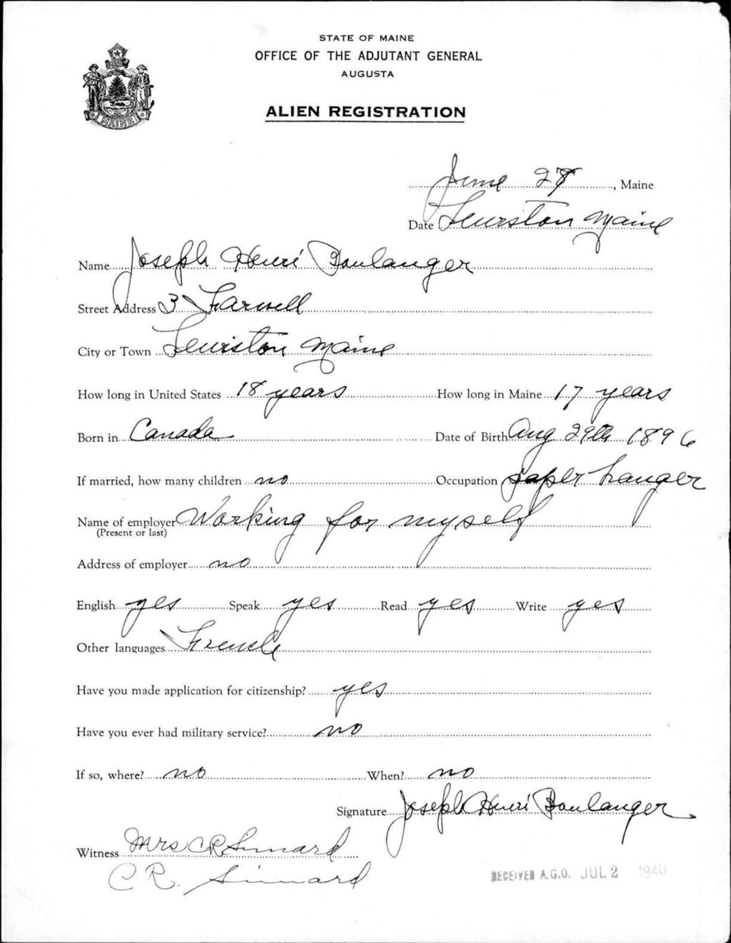 Miniature of Alien Registration- Boulanger, Joseph H. (Lewiston, Androscoggin County)