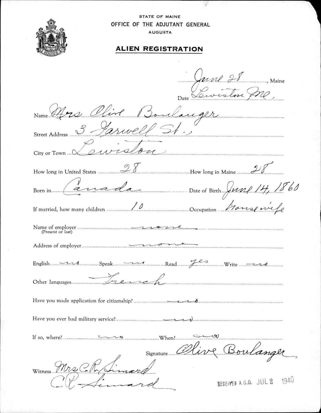 Miniature of Alien Registration- Boulanger, Olive (Lewiston, Androscoggin County)