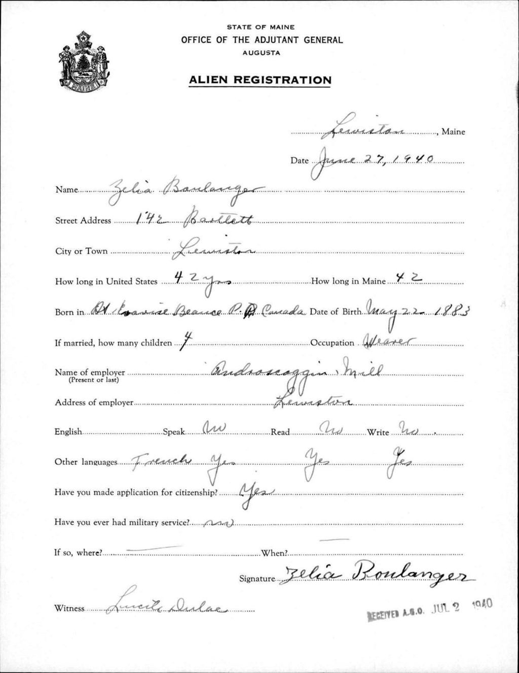 Miniature of Alien Registration- Boulanger, Zelia (Lewiston, Androscoggin County)