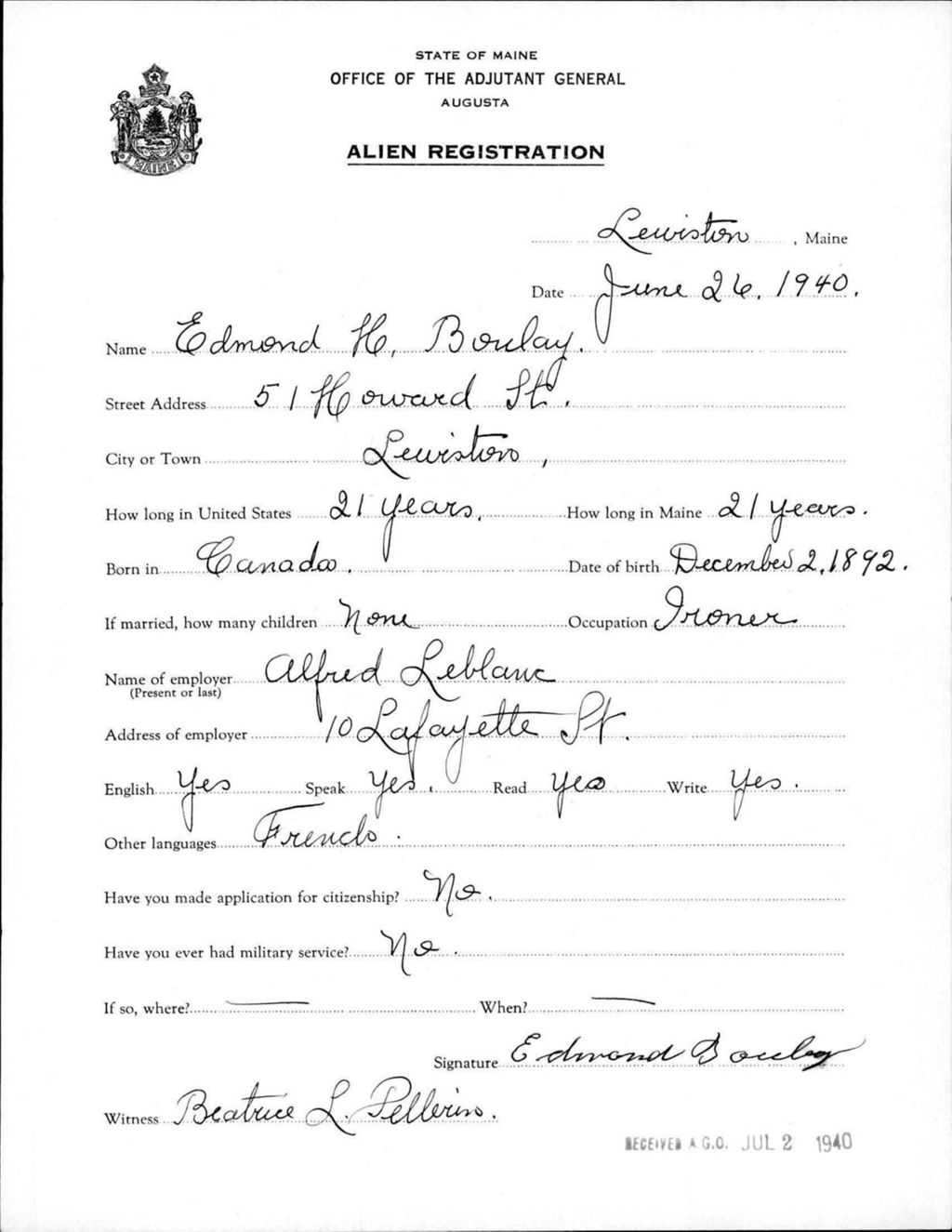 Miniature of Alien Registration- Boulay, Edmond H. (Lewiston, Androscoggin County)