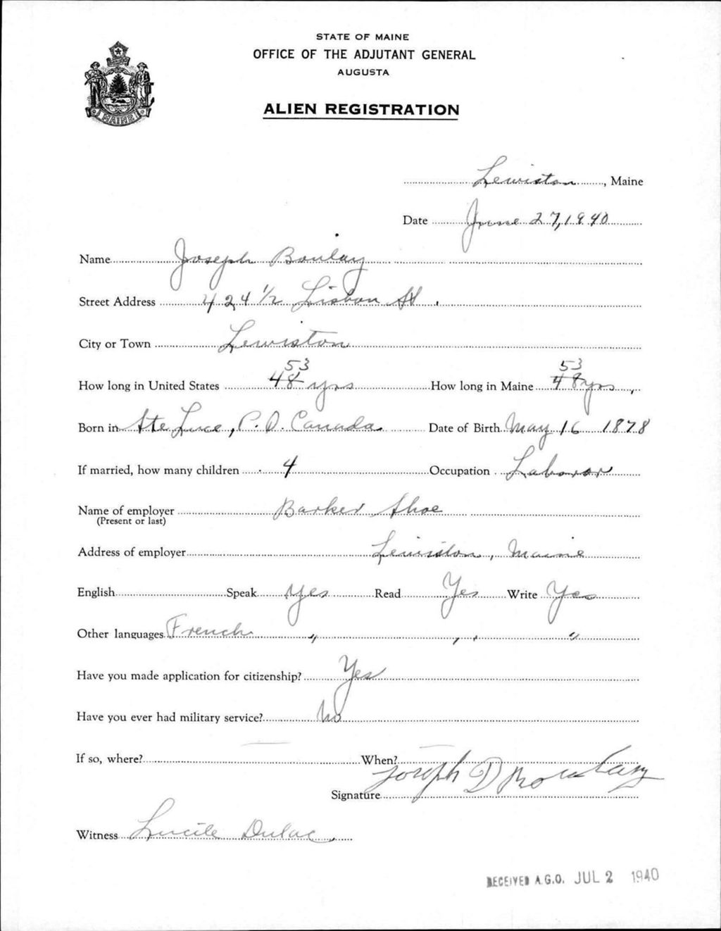 Miniature of Alien Registration- Boulay, Joseph (Lewiston, Androscoggin County)