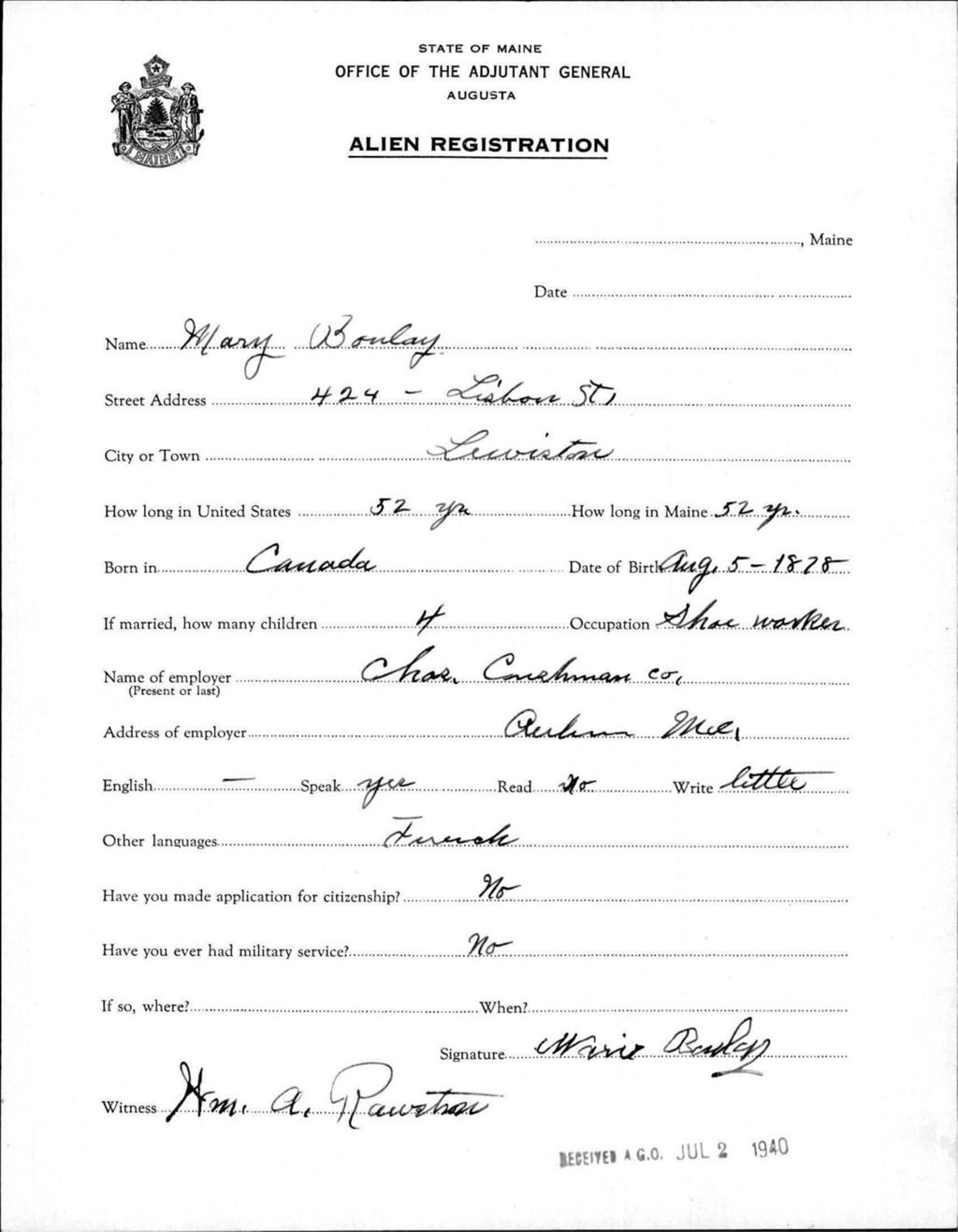 Miniature of Alien Registration- Boulay, Mary (Lewiston, Androscoggin County)