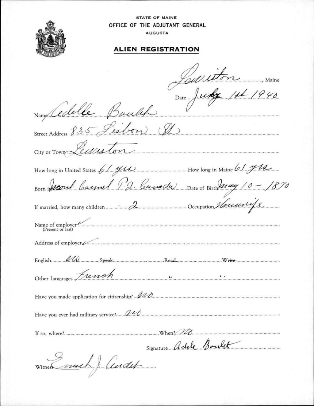Miniature of Alien Registration- Boulet, Adele (Lewiston, Androscoggin County)