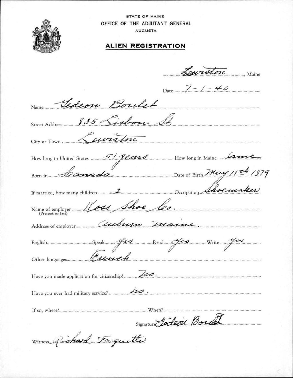 Miniature of Alien Registration- Boulet, Gedeon (Lewiston, Androscoggin County)