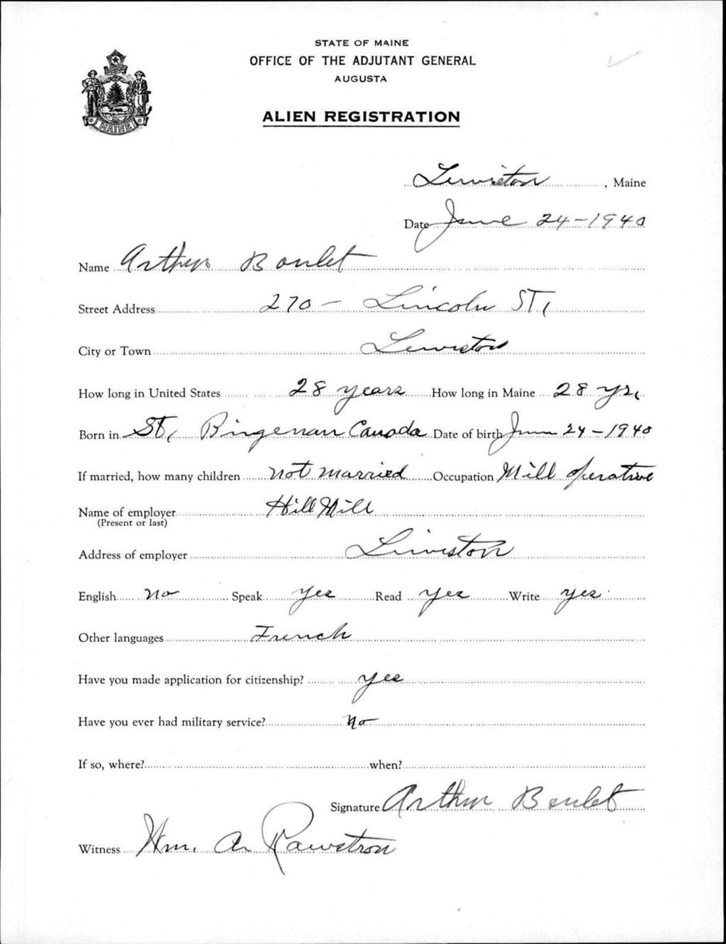 Miniature of Alien Registration- Boulet, Arthur (Lewiston, Androscoggin County)