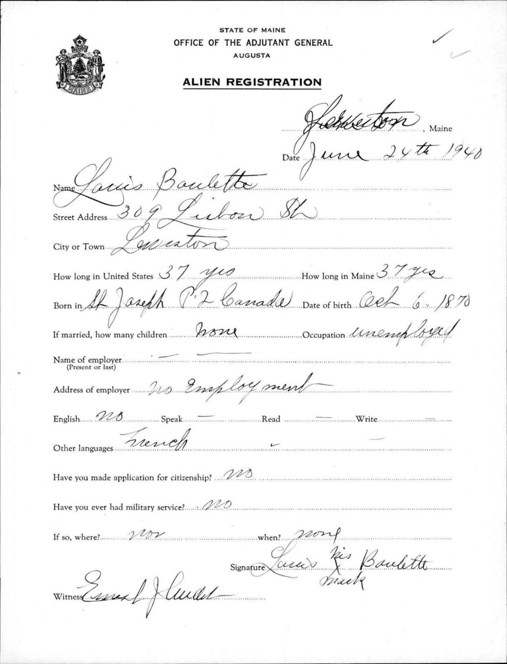 Miniature of Alien Registration- Boulette, Louis (Lewiston, Androscoggin County)