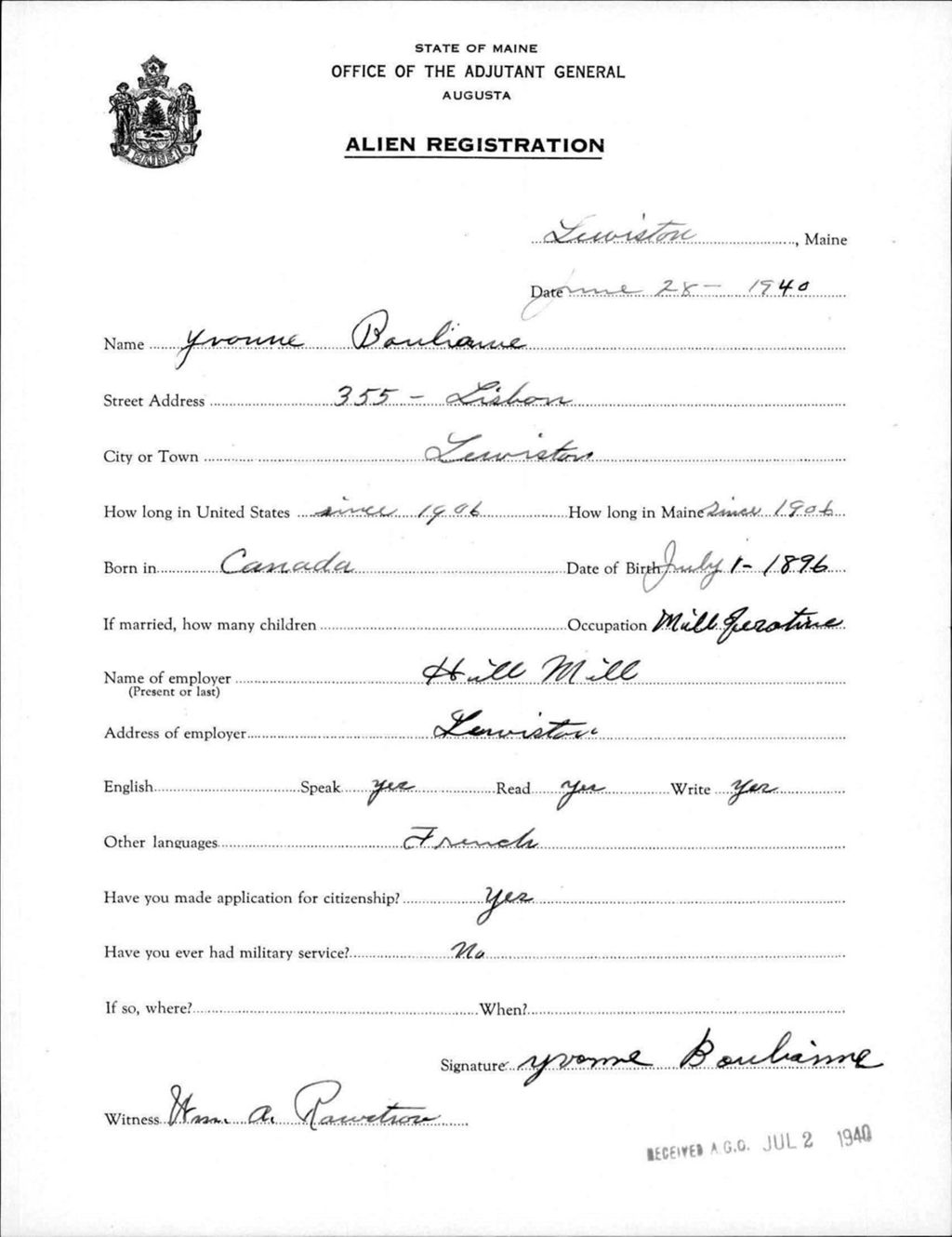 Miniature of Alien Registration- Boulianne, Yvonne (Lewiston, Androscoggin County)