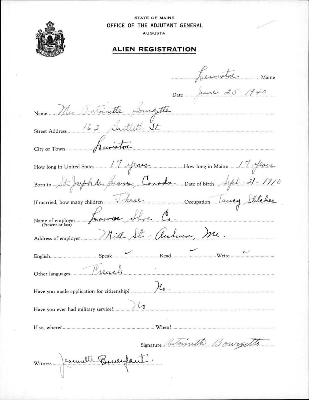 Miniature of Alien Registration- Bourgette, Antoinette (Lewiston, Androscoggin County)