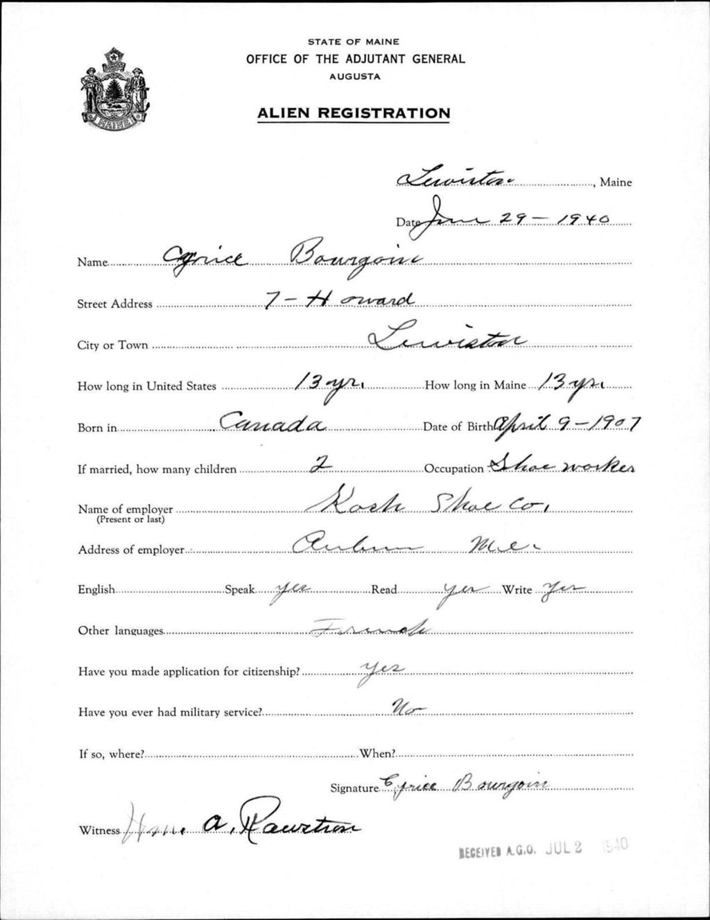 Miniature of Alien Registration- Bourgoire, Cyrice (Lewiston, Androscoggin County)