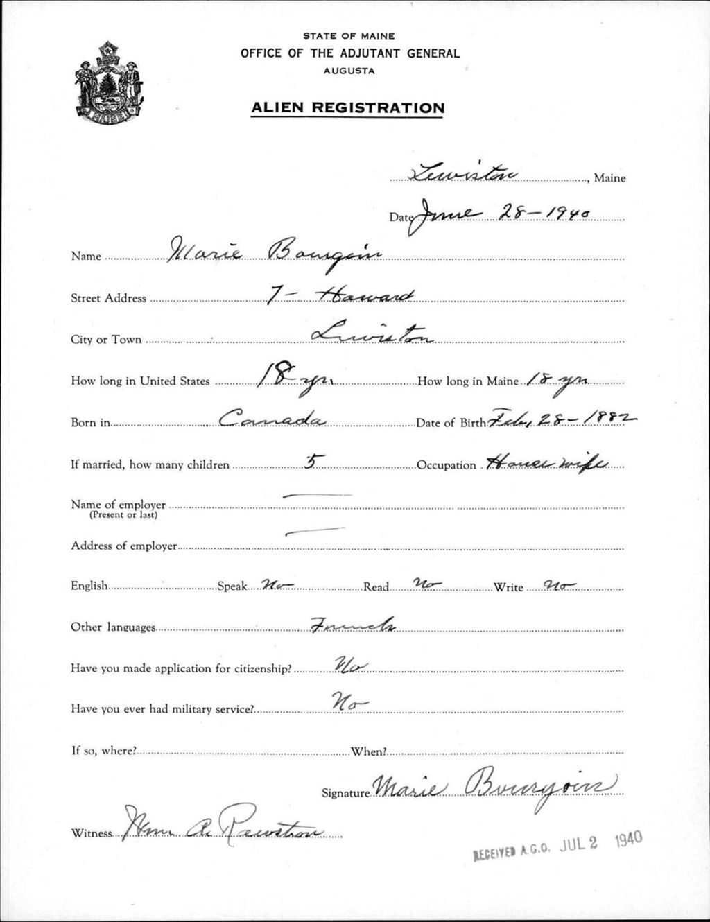 Miniature of Alien Registration- Bourgoin, Marie (Lewiston, Androscoggin County)