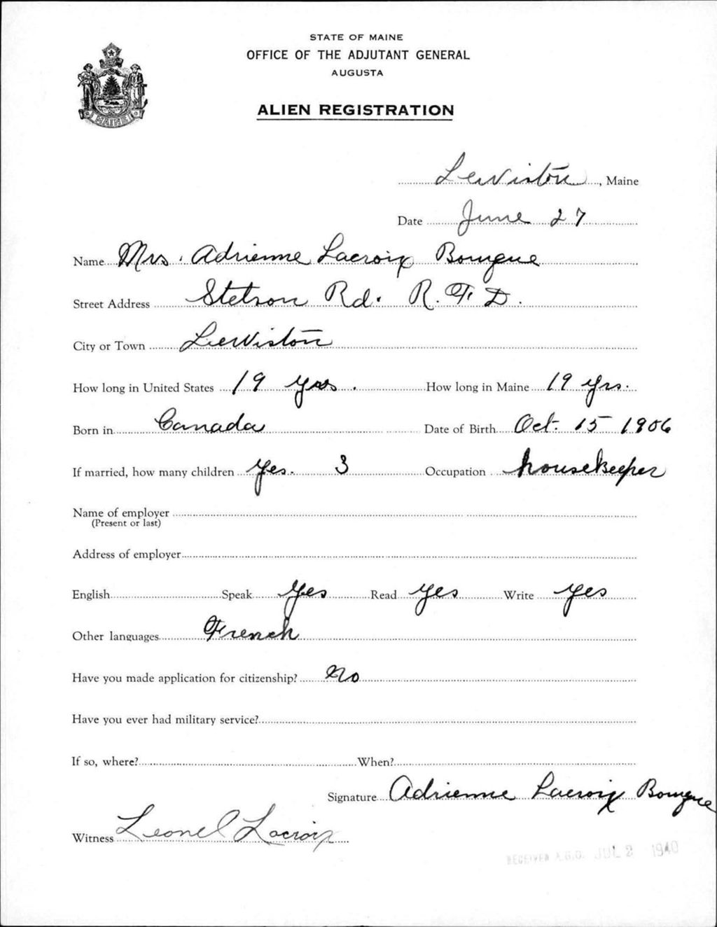 Miniature of Alien Registration- Lacroix, Adrienne (Lewiston, Androscoggin County)