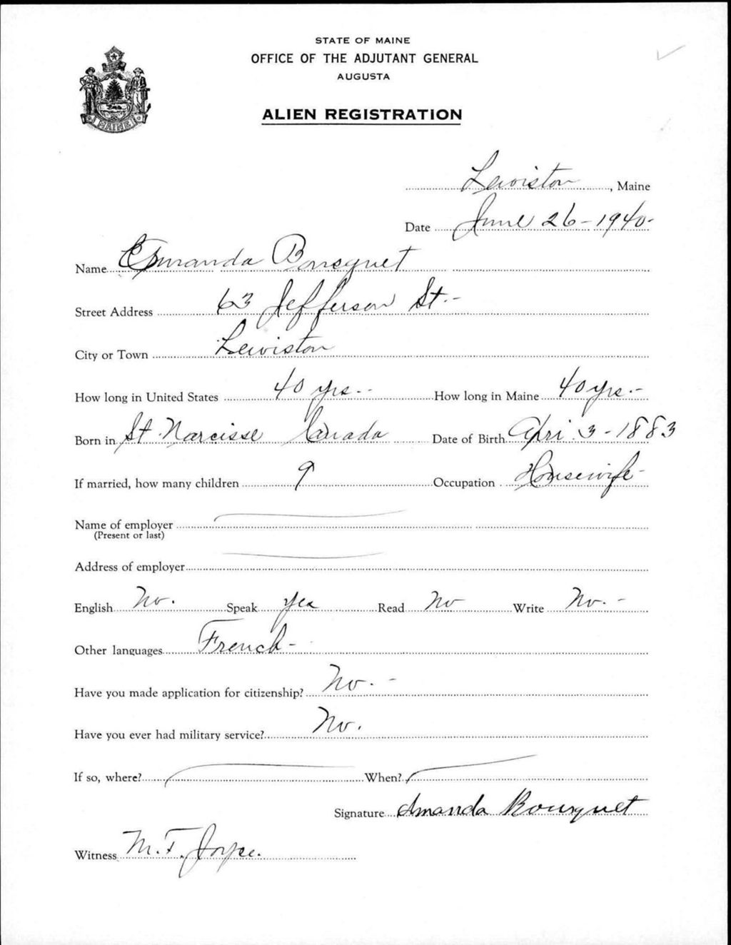 Miniature of Alien Registration- Bourquet, Amanda (Lewiston, Androscoggin County)