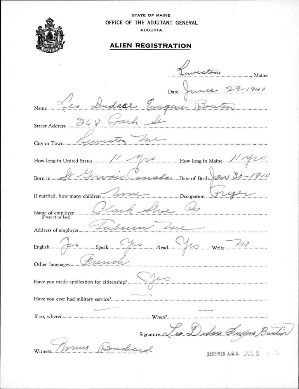 Miniature of Alien Registration- Boutin, Leo Dudace E. (Lewiston, Androscoggin County)