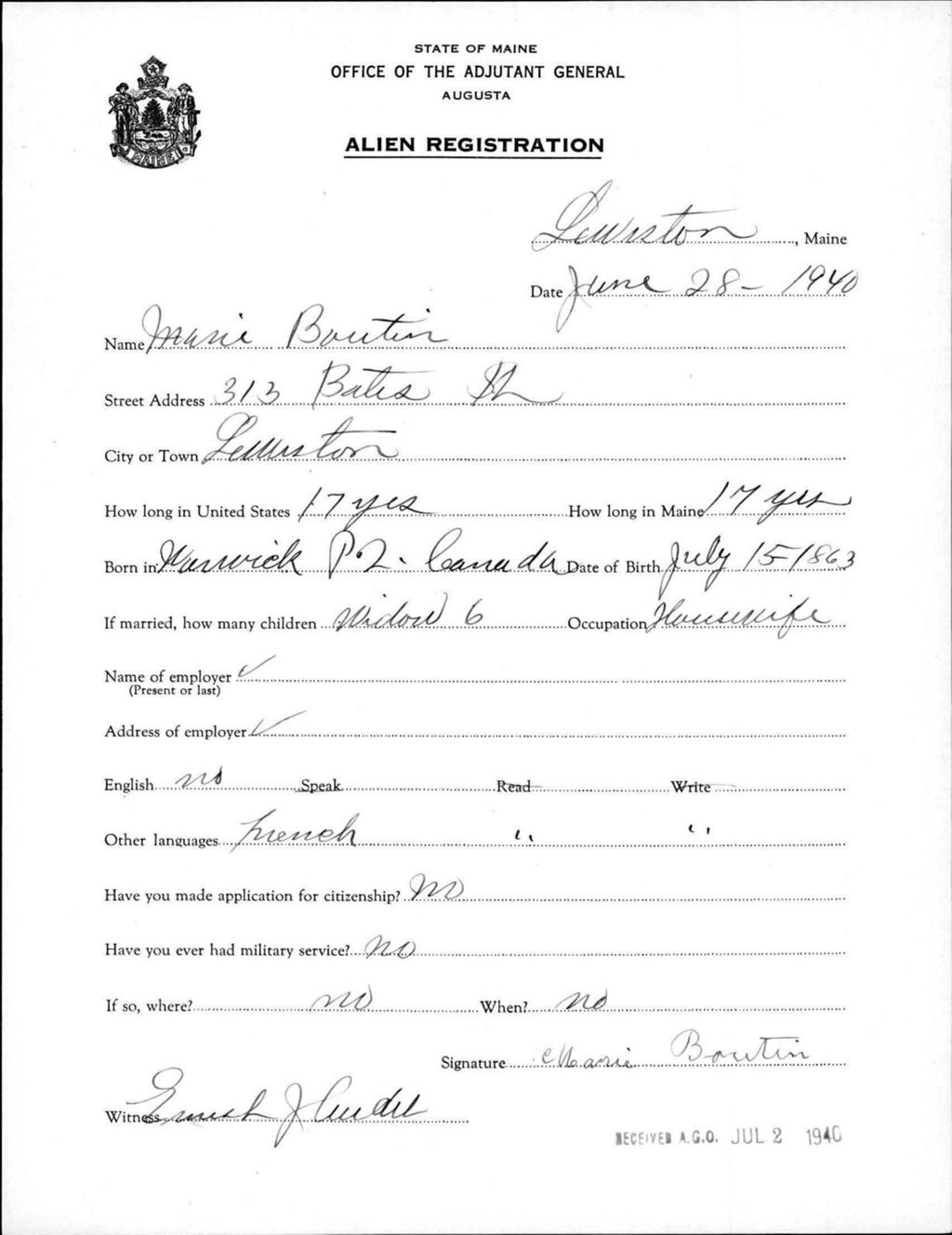 Miniature of Alien Registration- Boutin, Marie (Lewiston, Androscoggin County)