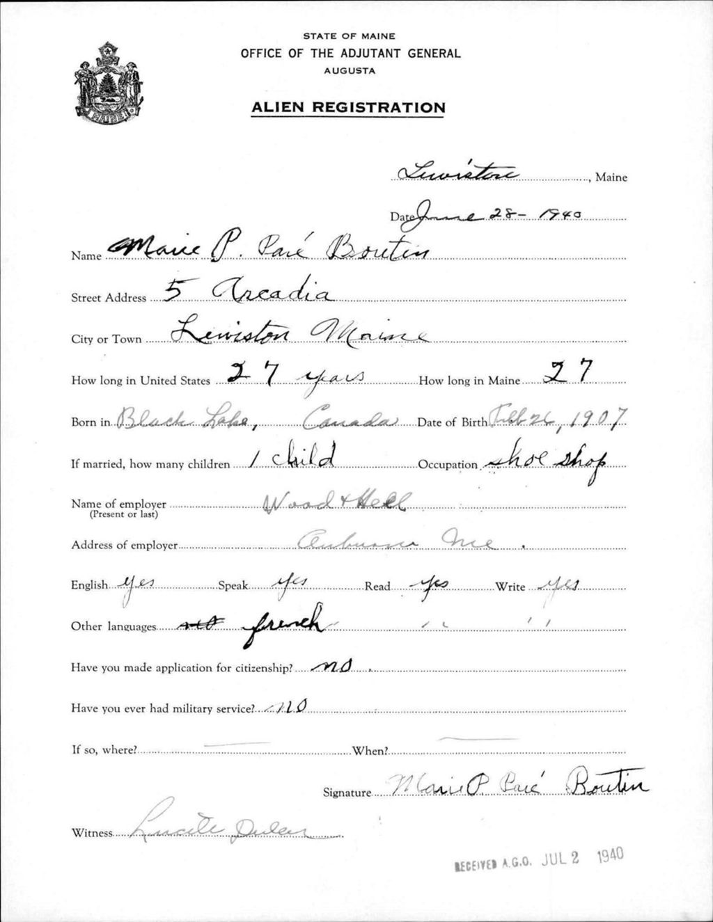Miniature of Alien Registration- Pare, Marie P. (Lewiston, Androscoggin County)