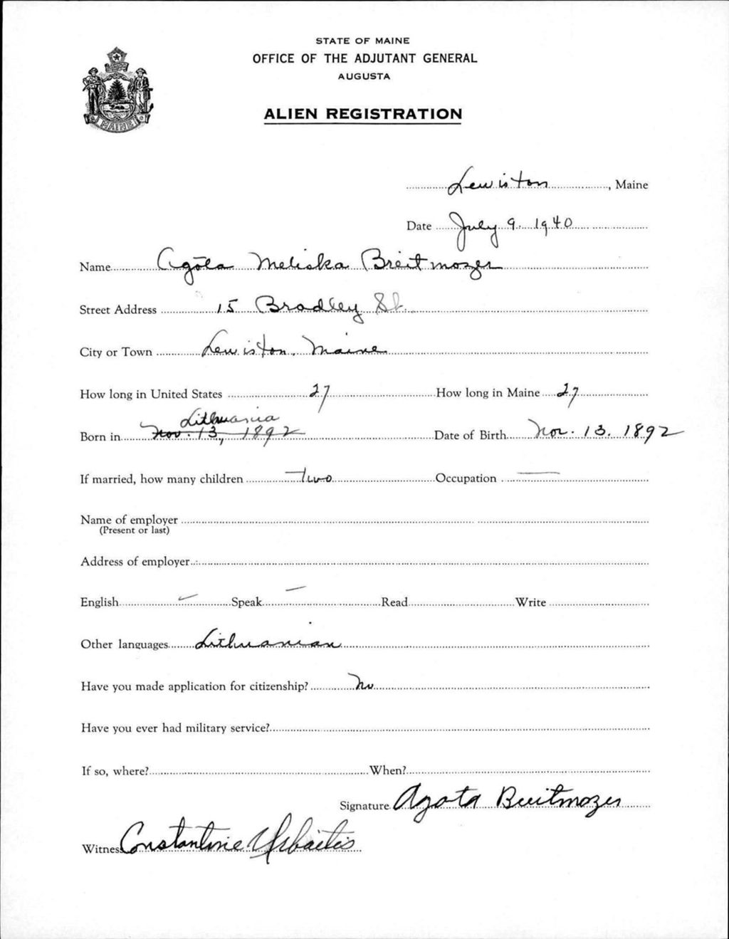 Miniature of Alien Registration- Breitmozer, Czola M. (Lewiston, Androscoggin County)