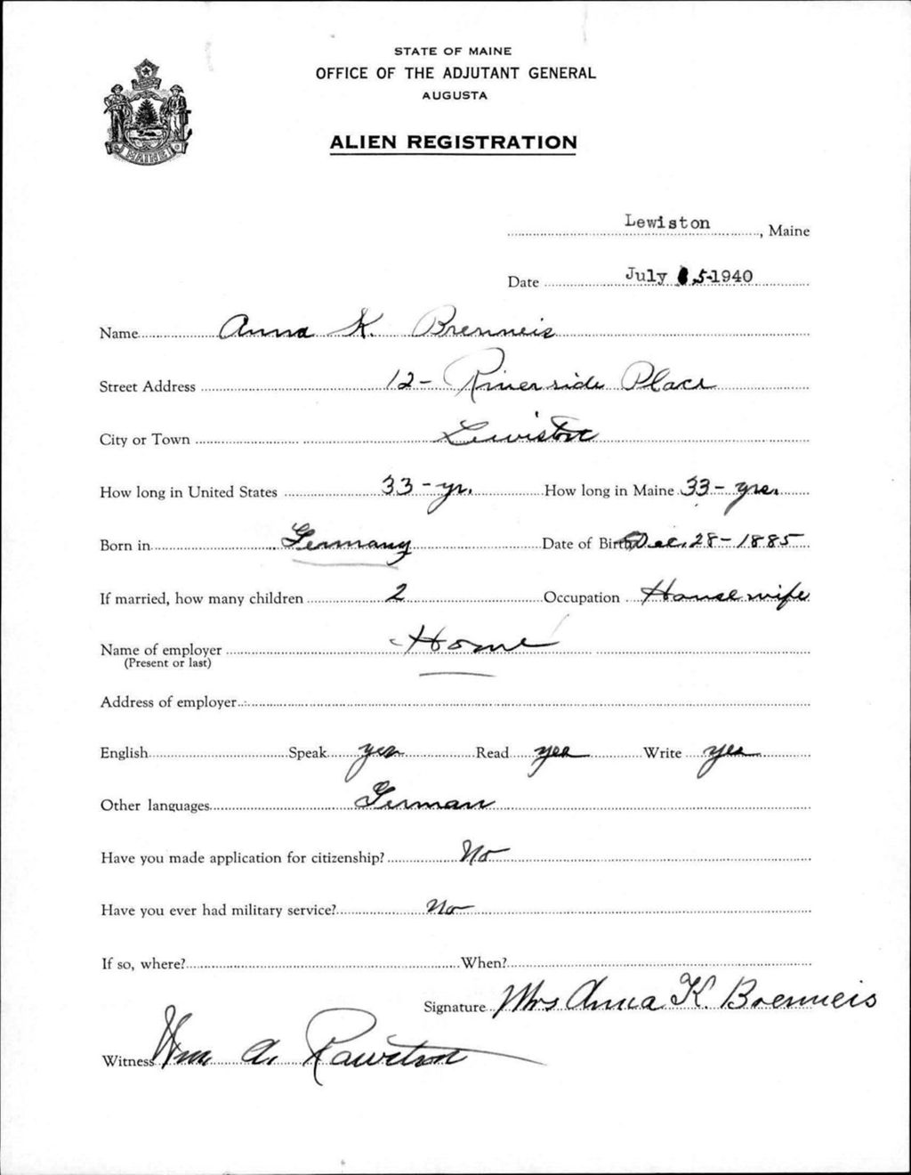 Miniature of Alien Registration- Brenneis, Anna K. (Lewiston, Androscoggin County)