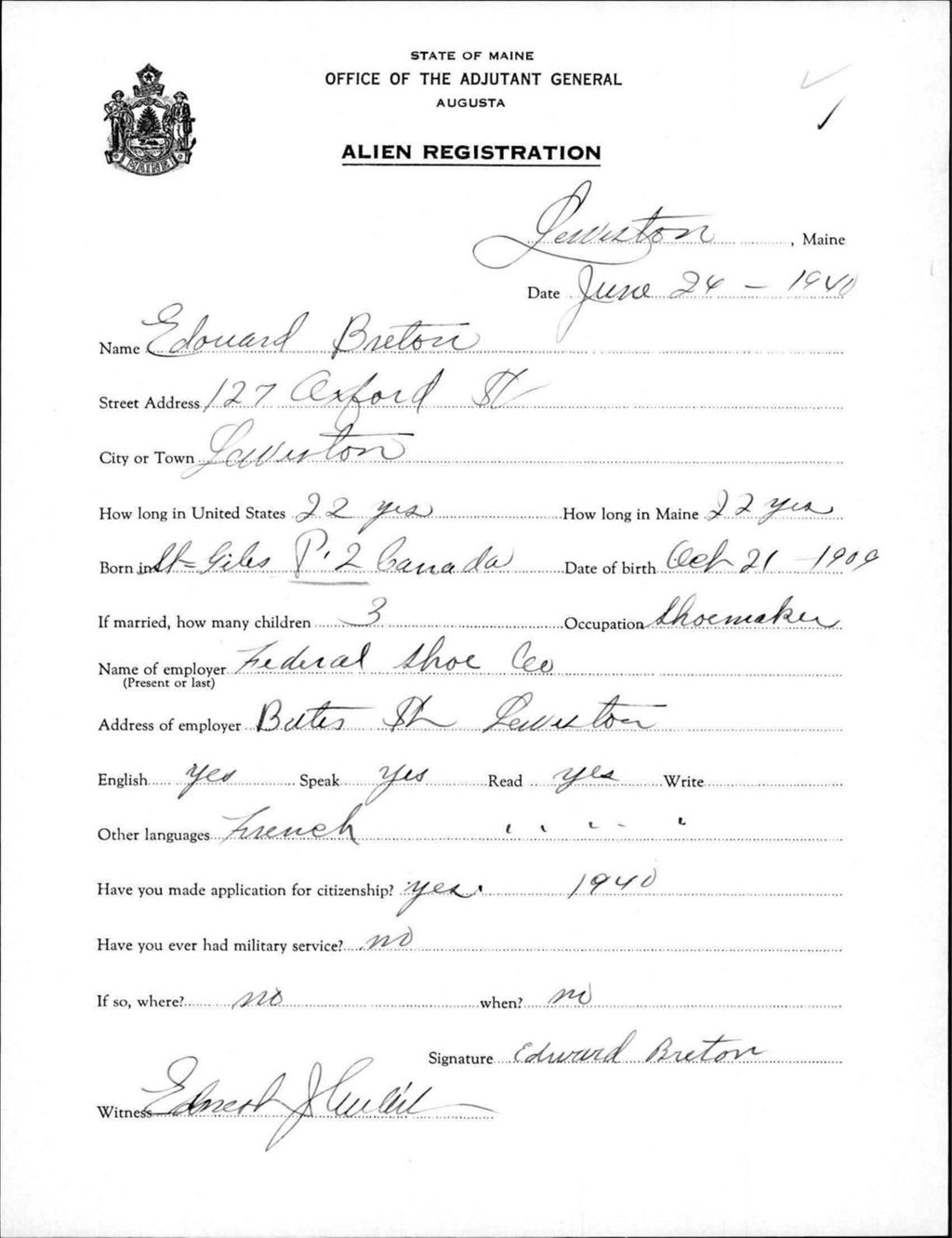 Miniature of Alien Registration- Breton, Edouard (Lewiston, Androscoggin County)