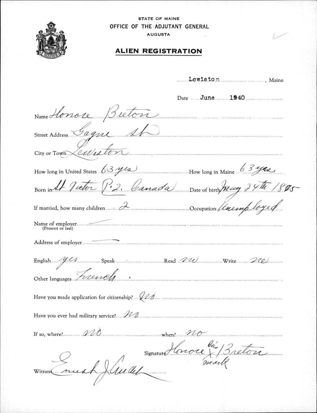 Miniature of Alien Registration- Breton, Honore (Lewiston, Androscoggin County)