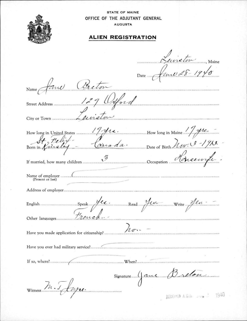 Miniature of Alien Registration- Breton, Jane (Lewiston, Androscoggin County)
