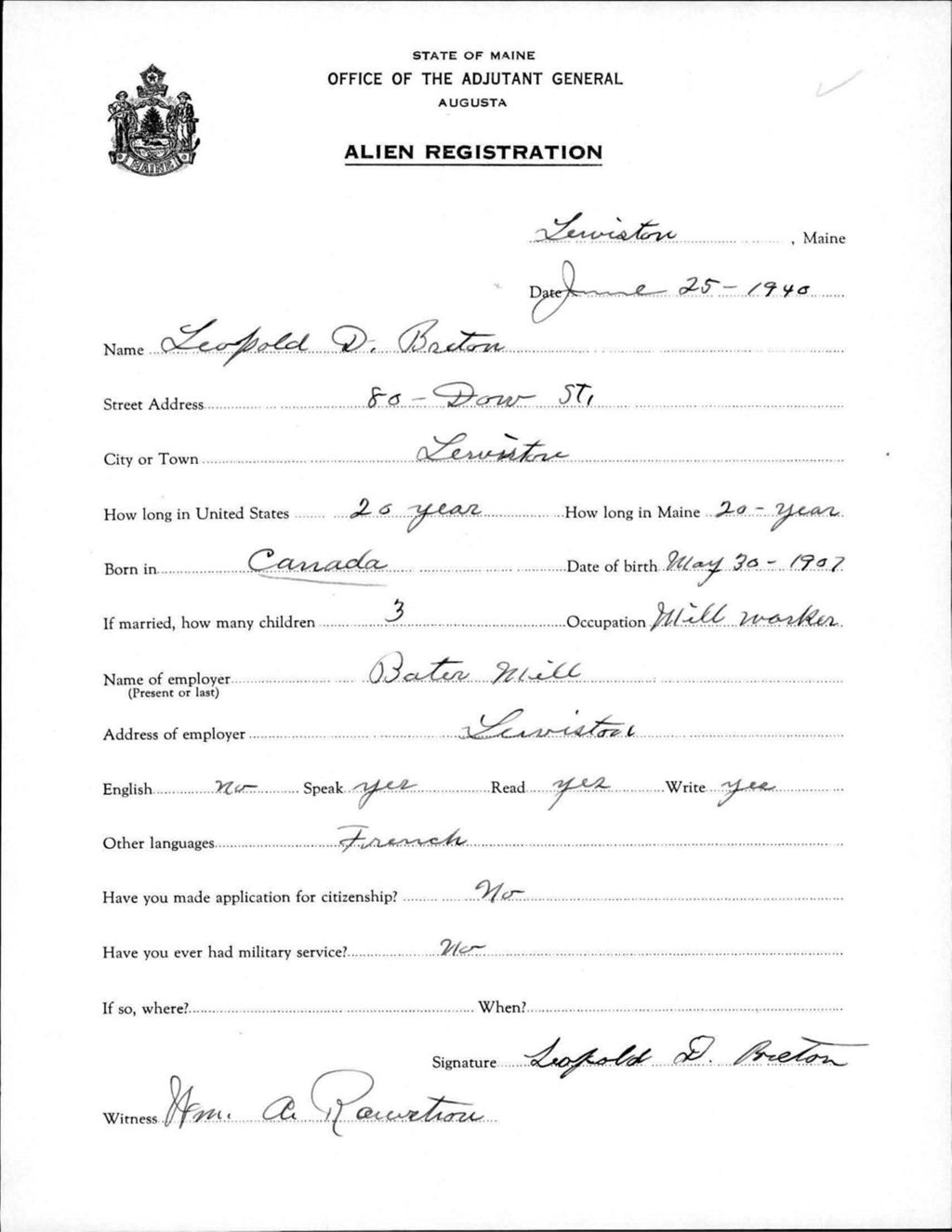 Miniature of Alien Registration- Breton, Leopold D. (Lewiston, Androscoggin County)