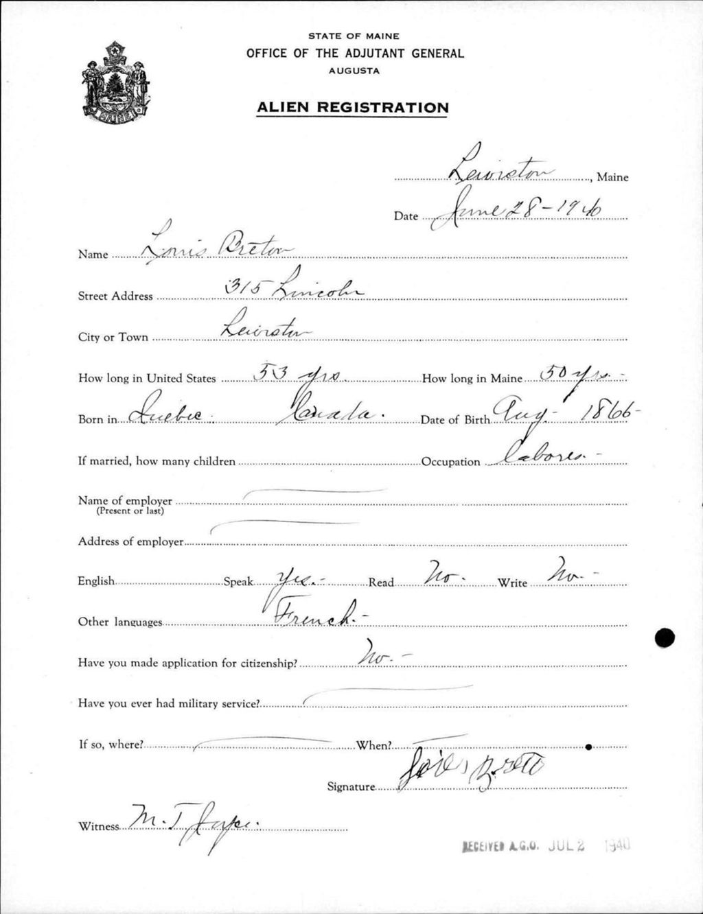 Miniature of Alien Registration- Breton, Louis (Lewiston, Androscoggin County)