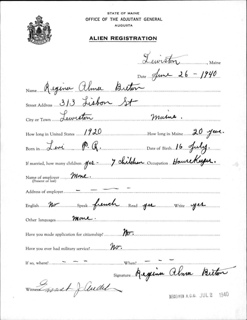 Miniature of Alien Registration- Breton, Regina A. (Lewiston, Androscoggin County)