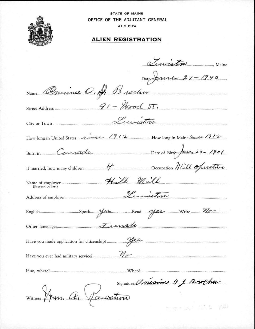 Miniature of Alien Registration- Brochu, Omerine O J. (Lewiston, Androscoggin County)