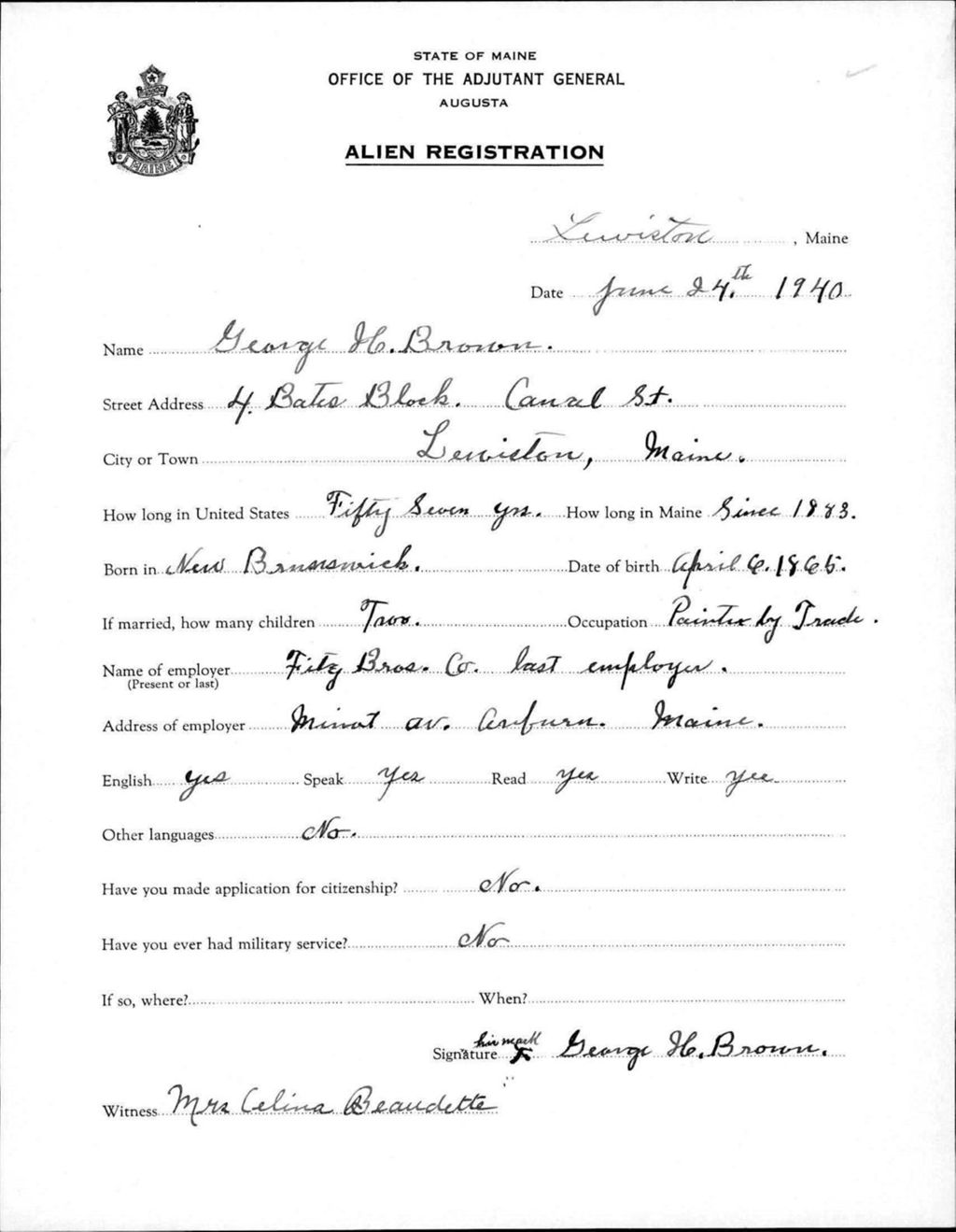 Miniature of Alien Registration- Brown, George H. (Lewiston, Androscoggin County)