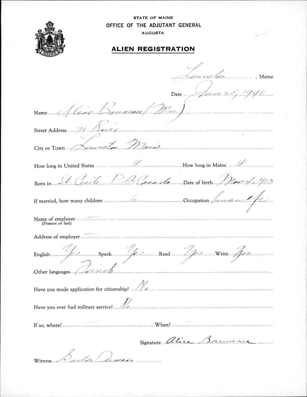 Miniature of Alien Registration- Bruneau, Alice (Lewiston, Androscoggin County)