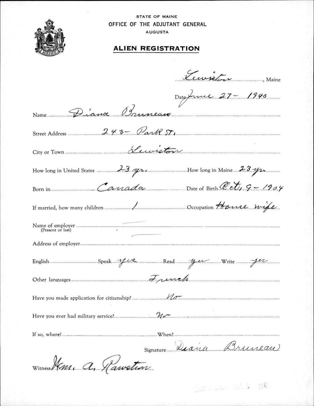 Miniature of Alien Registration- Bruneau, Diana (Lewiston, Androscoggin County)