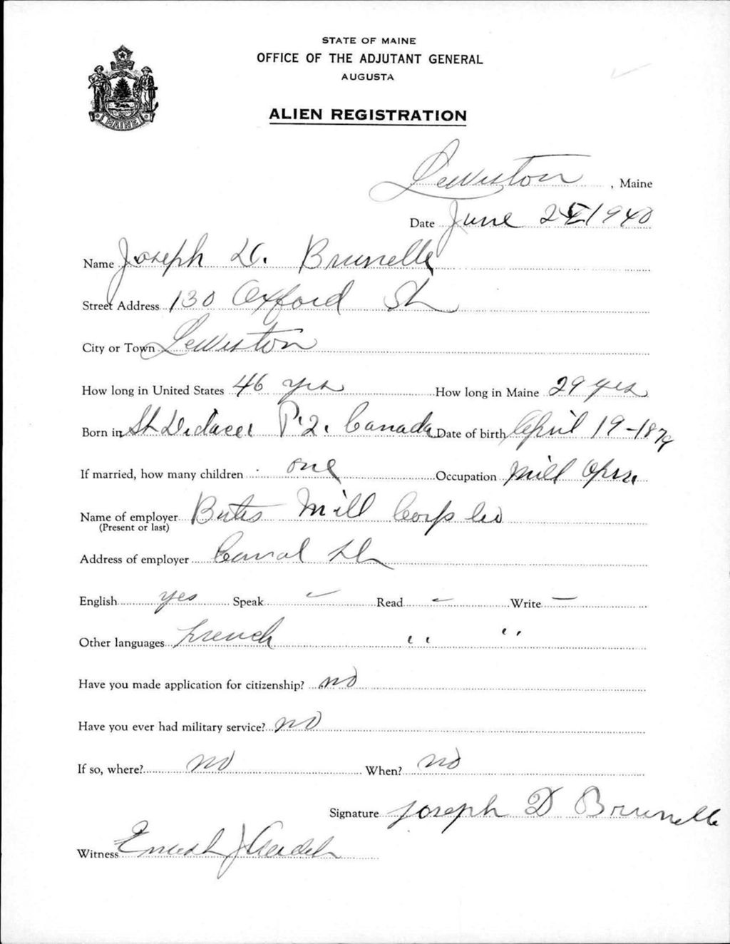 Miniature of Alien Registration- Brunelle, Joseph D. (Lewiston, Androscoggin County)