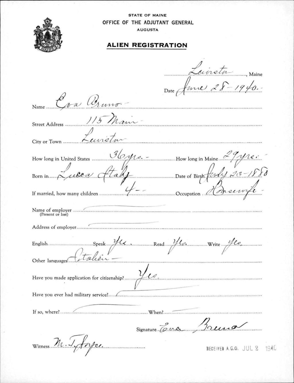 Miniature of Alien Registration- Bruno, Eva (Lewiston, Androscoggin County)